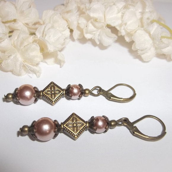 Brown Pearl Earrings, Brown Earrings, Dangle Earrings, Brown and Bronze Set 7481 - Picture 4 of 8